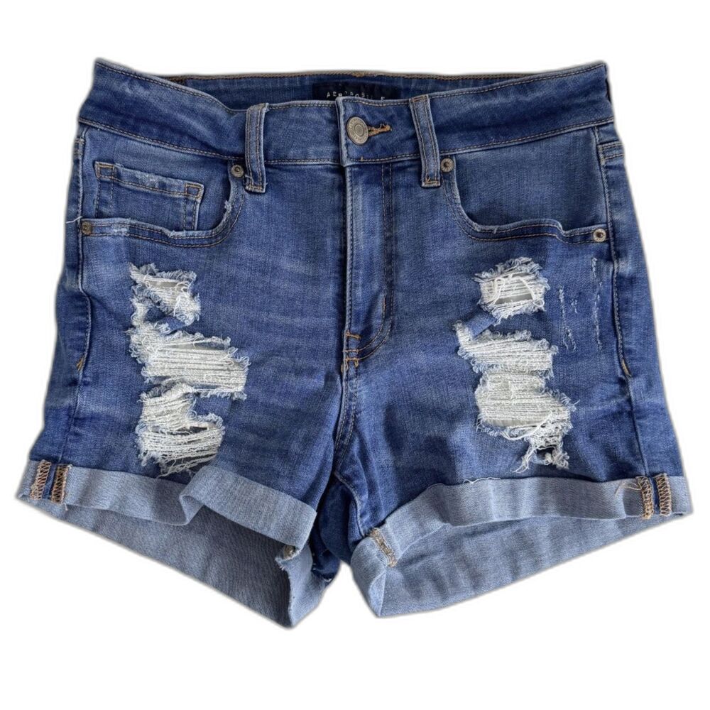 Aeropostale High Rise Midi Denim Shorts Womens 6 Distressed Cuffed Stretch